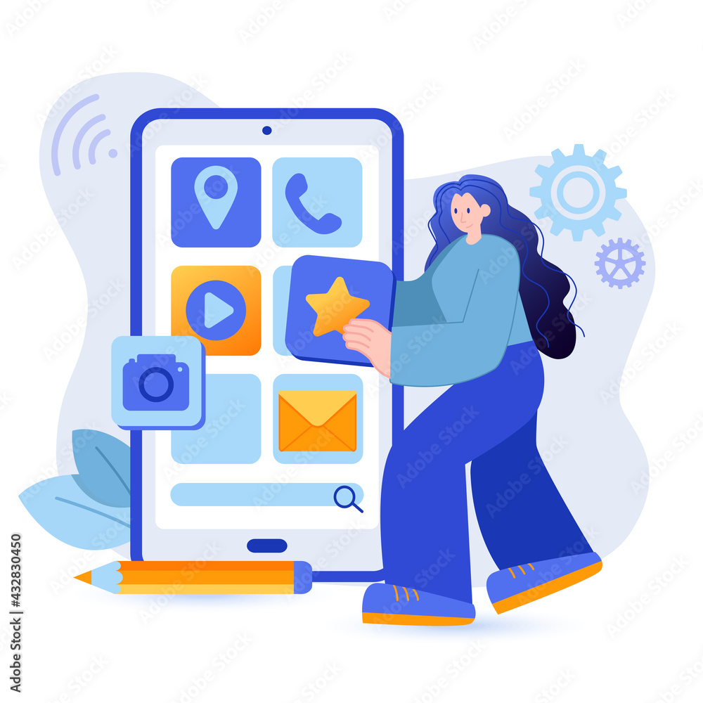 Poster app development concept. developer creates interface of mobile application scene. development of pro