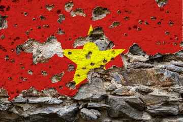 Concept of the Political Situation in Vietnam with a damaged painted flag on a cracked wall with wholes. 3D-Illustration. 3D-rendering