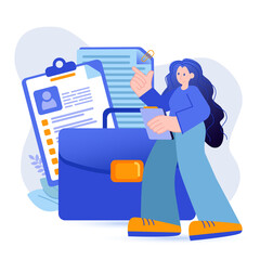 Portfolio concept. Woman with her professional portfolio, completed work projects, certificates scene. Career at company, freelancer job. Vector illustration with people character in flat design