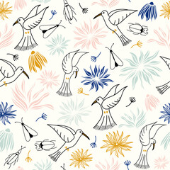 Vector birds with flowers and beetles seamless pattern background. This pattern is for weddings or other sweet celebrations. Perfect for fabric, paper or wallpapers. 