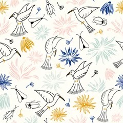Foto op Plexiglas Vector birds with flowers and beetles seamless pattern background. This pattern is for weddings or other sweet celebrations. Perfect for fabric, paper or wallpapers.  © Danielle