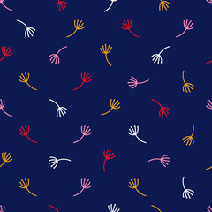 Vector marine blue with multicolored dandelions seamless pattern background. This timeless pattern looks great on fabric, giftwrap or other forms of packaging. Perfect for that luxurious feeling. 