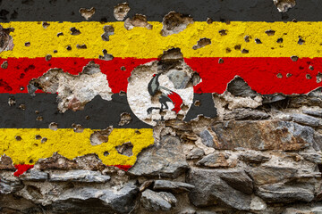 Concept of the Political Situation in Uganda with a damaged painted flag on a cracked wall with wholes. 3D-Illustration. 3D-rendering