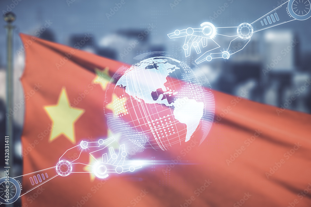 Poster abstract virtual robotics technology hologram with globe sketch on flag of china and blurry cityscap