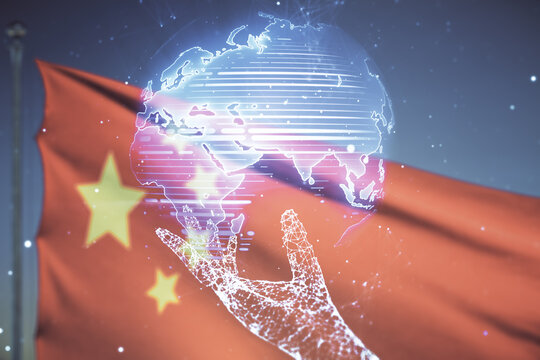 Multi exposure of abstract graphic world map on Chinese flag and sunset sky background, big data and networking concept