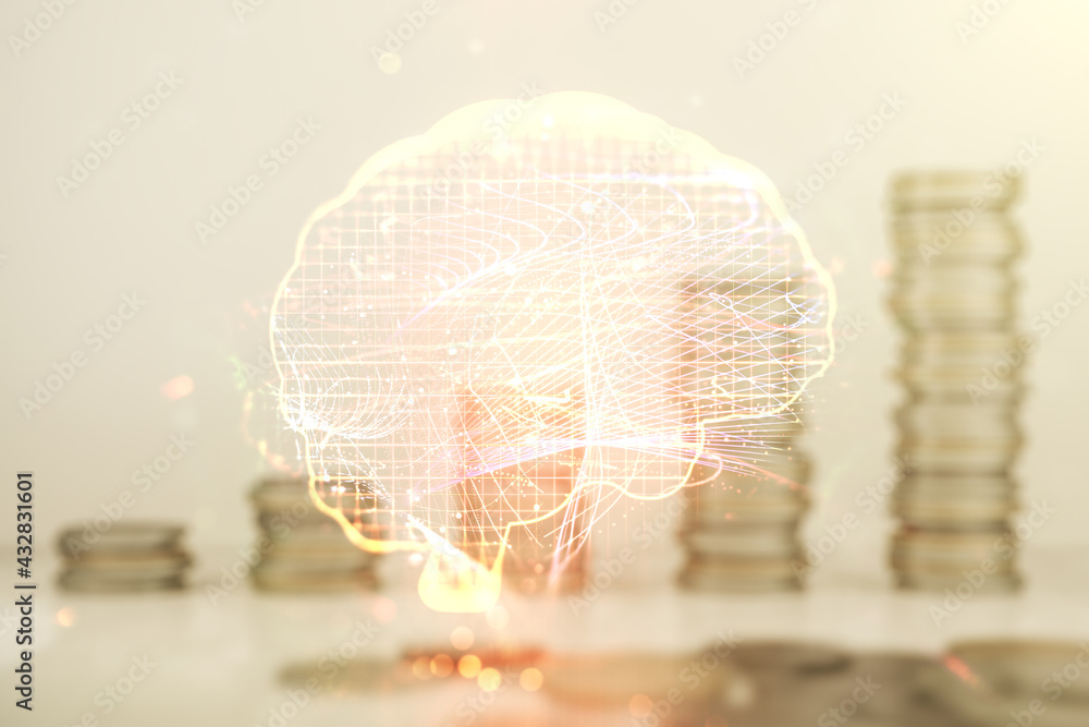 Aufkleber double exposure of creative human brain microcircuit hologram on growing coins stacks background. fu