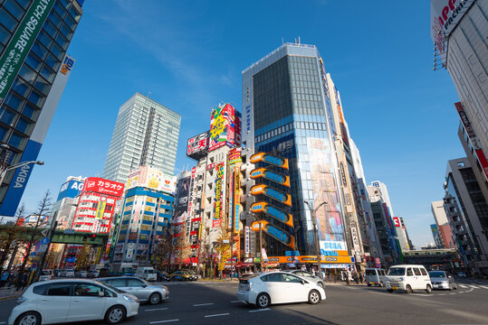 Tokyo, Japan - January 8, 2016: Street view of  Akihabara district in Tokyo, Japan.  Akihabara district is a shopping area for video games, anime, manga, and computer goods.
