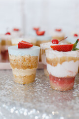 
A delicious biscuit with butter cream and strawberries, a snack for a children's party, a dessert for the whole family. Diet cake