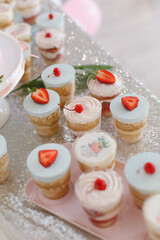 
A delicious biscuit with butter cream and strawberries, a snack for a children's party, a dessert for the whole family. Diet cake