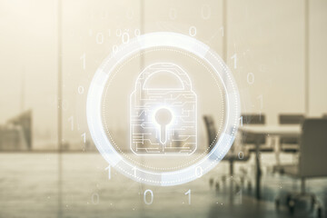 Virtual creative lock illustration with microcircuit on a modern coworking room background, cyber security concept. Multiexposure