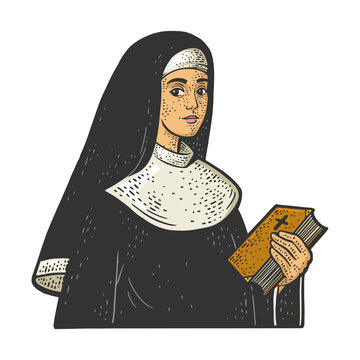 recommend clip art: Christian sister nun monk color sketch engraving vector illustration. T-shirt apparel print design. Scratch board imitation. Black and white hand drawn image.
