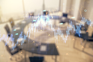 Double exposure of abstract creative financial chart hologram and world map on a modern meeting room background, research and strategy concept