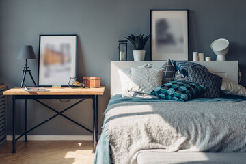 Bedroom. Home interior, apartment. Table and bed with pillows.