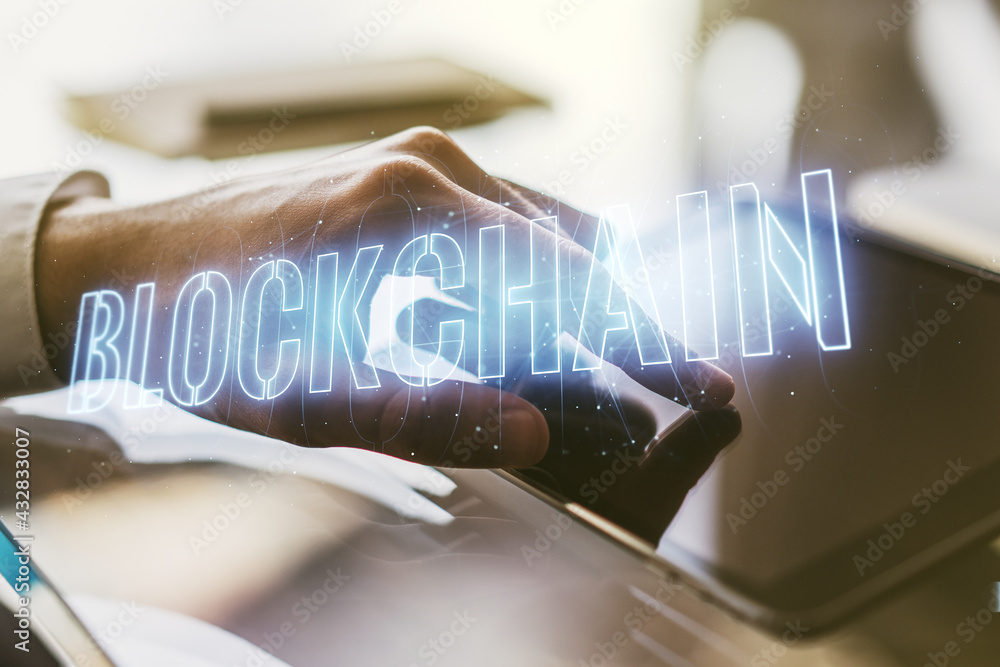 Poster creative concept of blockchain technology and finger clicks on a digital tablet on background. digit