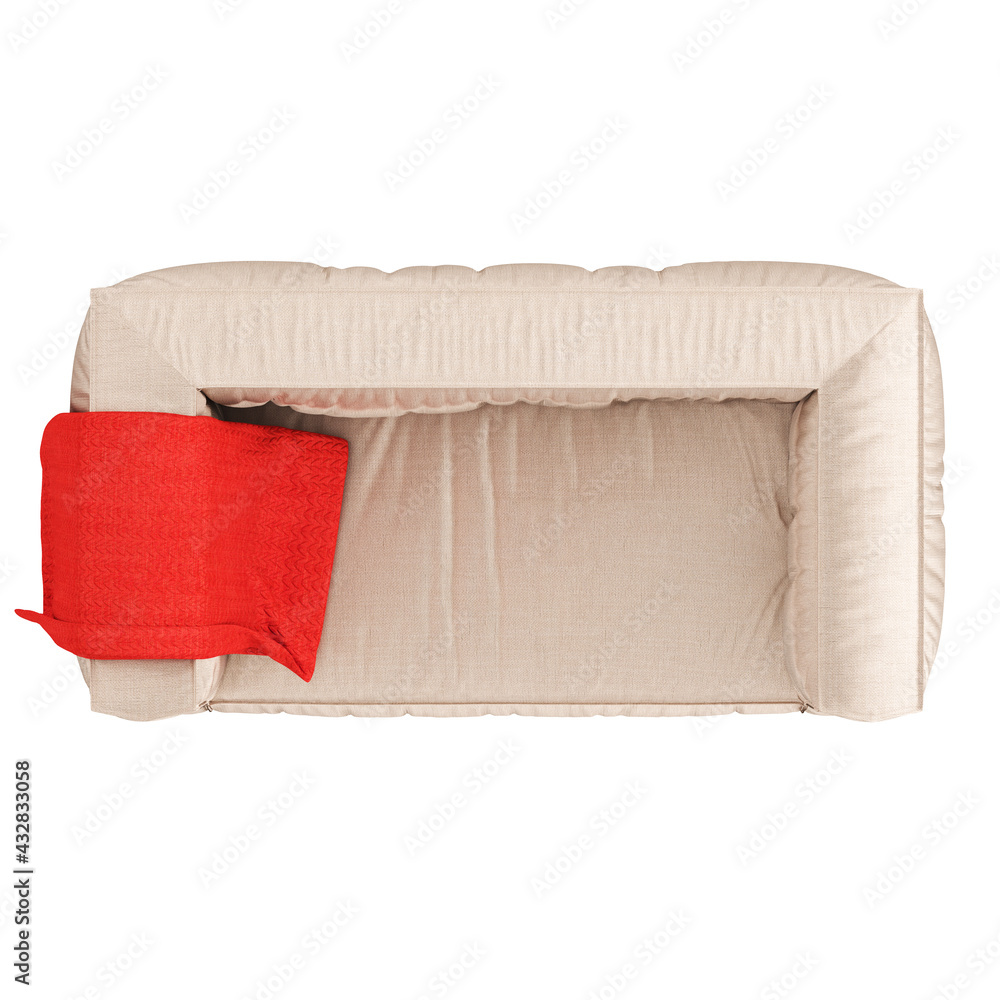 Poster light beige fabric soft sofa with a bedspread on the armrest on a white background. 3d rendering. to