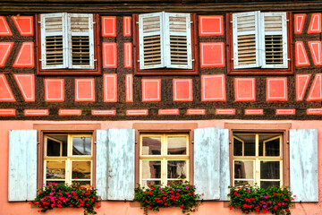 Fototapeta na wymiar French scenery and architecture, colorful floral streets of Alsace region. Traditional typical villages