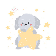 Cute cartoon puppy with star. Hand drawn labradoodle dog. Vector illustration for children poster print, nursery, greeting card and sticker.