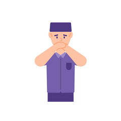 illustration of a man covering his mouth with his hands. hold back so as not to shout, try not to speak dirty. closed his mouth because of the smell. flat style. vector design