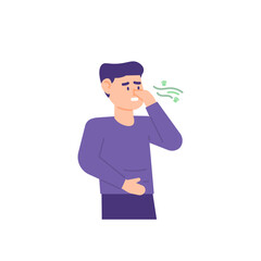 illustration of a man squeezing his nose with his hand so as not to smell a bad smell. protect the nose. bad breath. flat style. vector design