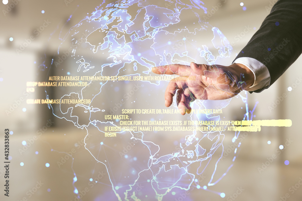 Poster double exposure of male hand presses on abstract programming language and world map on blurred offic