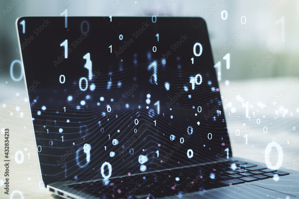 Poster creative concept of binary code illustration on modern laptop background. big data and coding concep