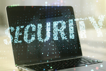 Cyber security creative concept on modern laptop background. Double exposure