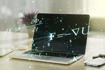 Creative scientific formula illustration on modern computer background, science and research...