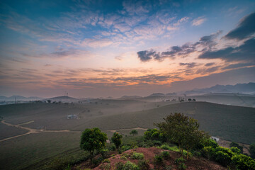 Sunrise on Moc Chau tea hill, Moc Chau village, Son La province, Vietnam
