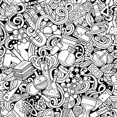 Science hand drawn doodles seamless pattern.