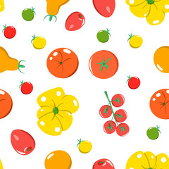 Bright seamless vector pattern of colorful tomatoes.