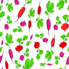 Cartoon vector seamless radish pattern on white background.