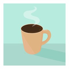 A poster with a cup of black coffee. A postcard with a coffee mug on a blue background. Vector illustration.