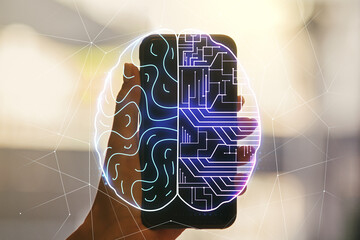 Double exposure of creative artificial Intelligence symbol and hand with cell phone on background....