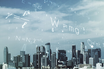 Scientific formula illustration on Los Angeles cityscape background, science and research concept....