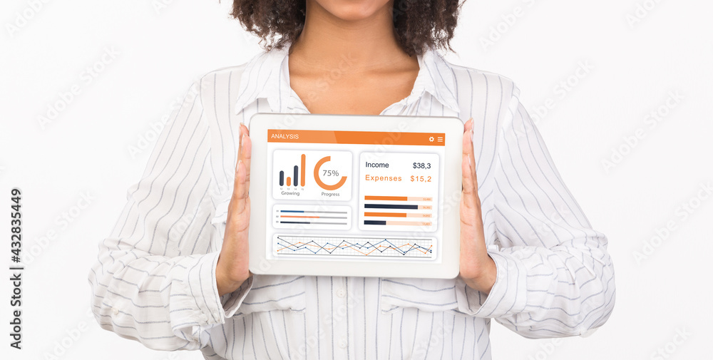 Aufkleber Digital tablet with analysis app on screen in female hands