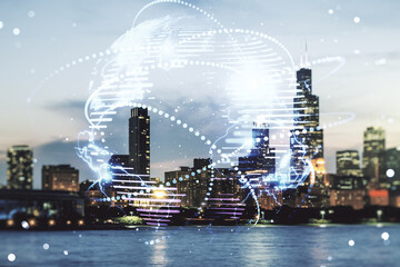 Abstract graphic digital world map hologram with connections on Chicago cityscape background, globalization concept. Multiexposure
