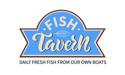 Fish Tavern logotype with handwritten text and ribbon isolated on white. Brush calligraphy, hand lettering. Vector illustration for seafood restaurant as card, sticker, poster, logo, icon template