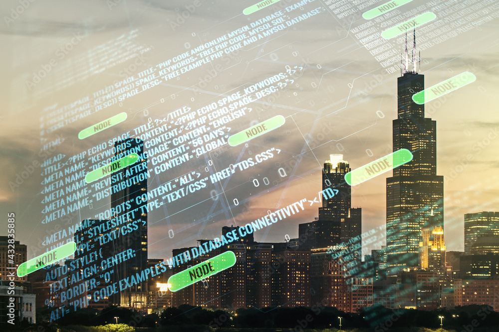 Poster abstract virtual coding illustration on chicago cityscape background, software development concept. 