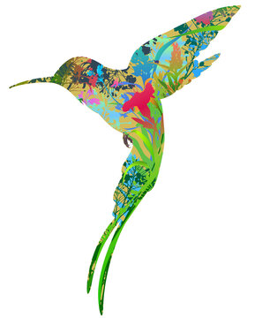 The stylized image of a hummingbird bird. Inside there are bright flowers and insects. Vector illustration, isolated object 