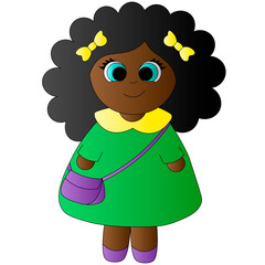 Cute cartoon curly Girl with a bag. Draw illustration in color