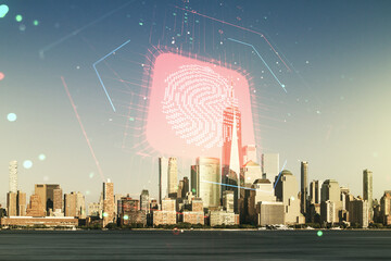 Multi exposure of virtual creative fingerprint hologram on New York city skyscrapers background, personal biometric data concept