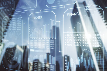 Abstract virtual analytics data spreadsheet on modern architecture background, analytics and analysis concept. Multiexposure