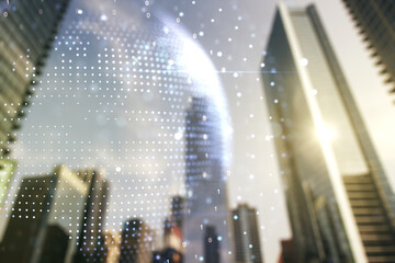 Multi exposure of abstract creative digital world map hologram on modern skyscrapers background, research and analytics concept