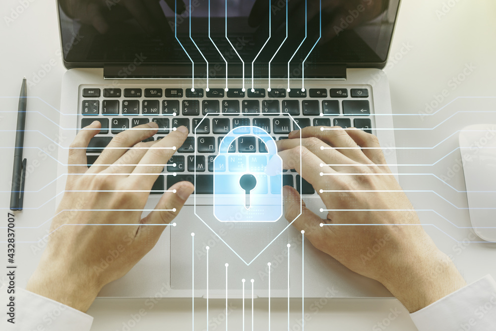 Aufkleber double exposure of creative lock hologram with chip and hands typing on laptop on background. inform