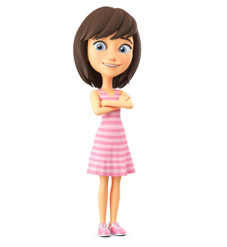 3d render illustration. Cheerful cartoon character girl in a pink dress crossed her arms on a sternum against a white background.