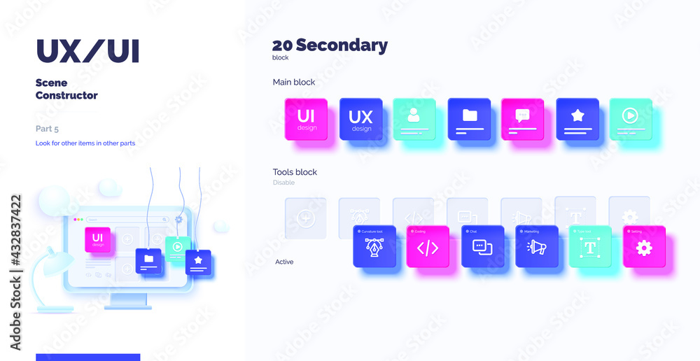 Poster 3d toolkit-ui ux scene creator. part 3 application design. smartphone and desktop mockup with active