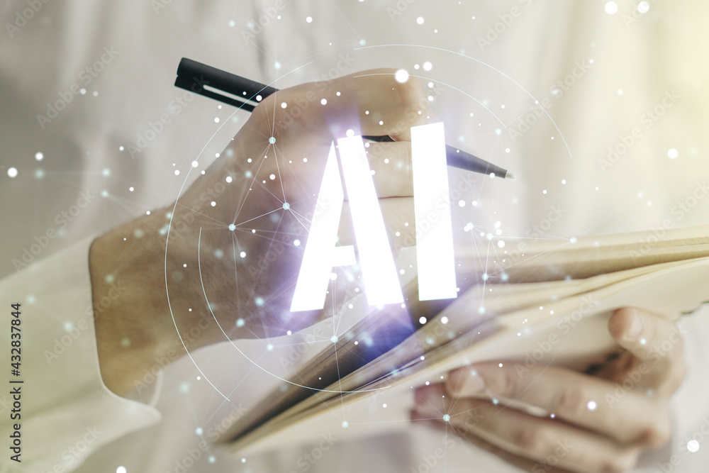 Poster creative artificial intelligence symbol concept with man hand writing in notebook on background. mul
