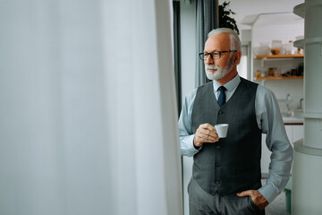 Portrait of a charming elegant senior man looking through window.