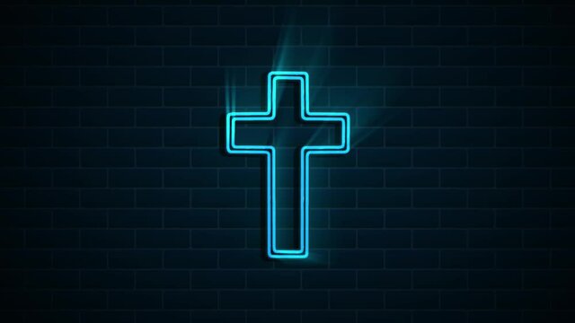 Neon Christian cross icon isolated on green background. Church cross. Motion graphics.