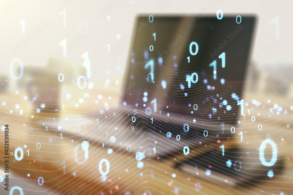 Poster creative abstract binary code hologram and modern desktop with pc on background, ai and machine lear